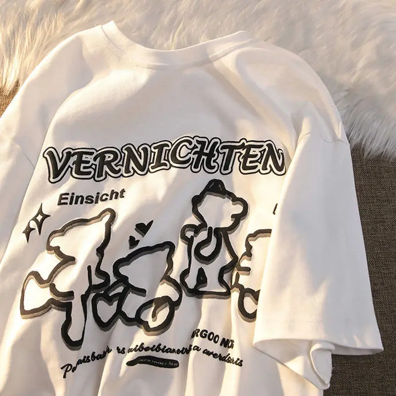 Хлопковая футболка Ins с принтом медведя из мультфильма женская коротким рукавом