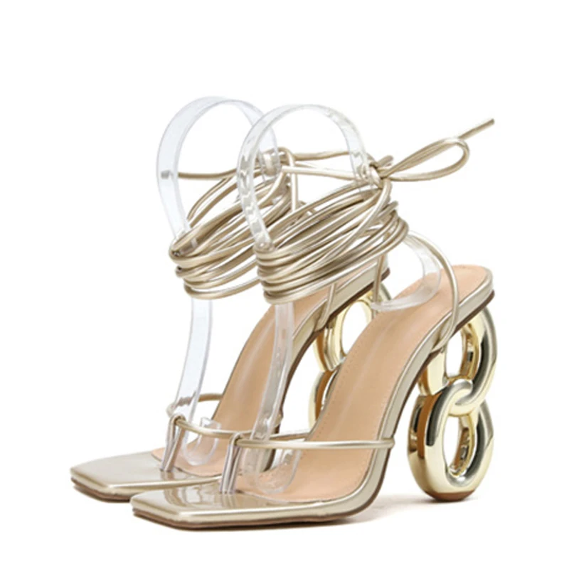 Liyke New Fashion Green Cross Ankle Strap Women's Strange High Heels Sexy Sandals Summer Pinch Narrow Band Square Toe Party Shoe