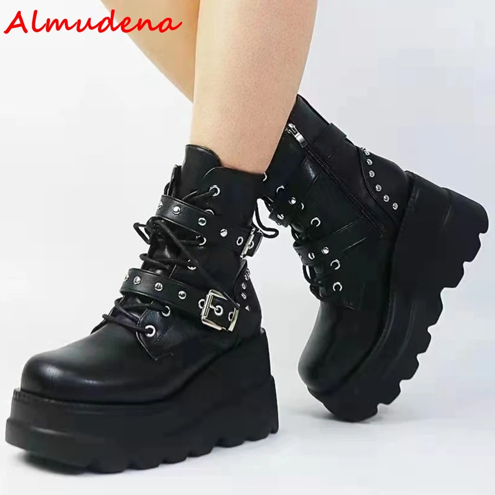 

Женские ботильоны на танкетке, черные повседневные ботильоны с прямым ремешком, круглым носком, боковой молнией, на толстой подошве, большие размеры