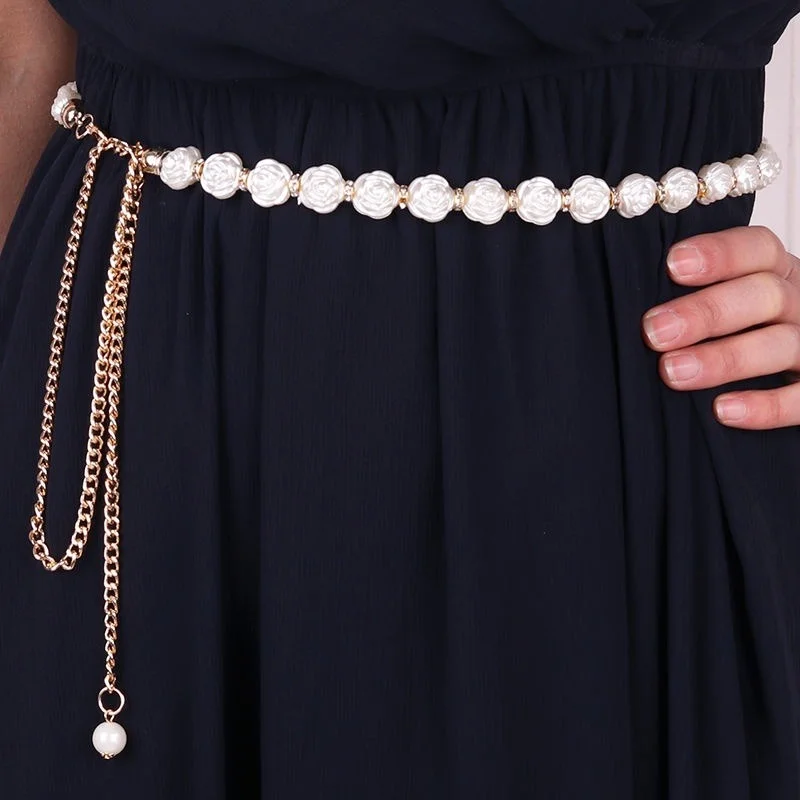 110cm New Style Fashionable Metal Pearl Waist Chain Women Decoration Thin Matching Skirt Tassel Rhinestone Inlaid Belt