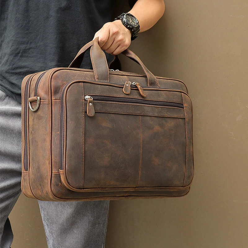 

Vintage Crazy Qaulity Designer Horse Briefcase For Bag Business Bag Men Laptop Top Handbag Leather Briefcase Brand Male