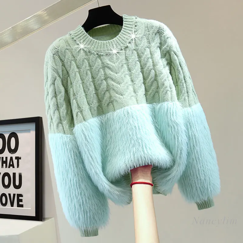 

Beads Rhinestones Mohair Sweater for Women 2023 Spring Winter Korean Style Loose Solid Color Twist Long Sleeve Casual Sweaters