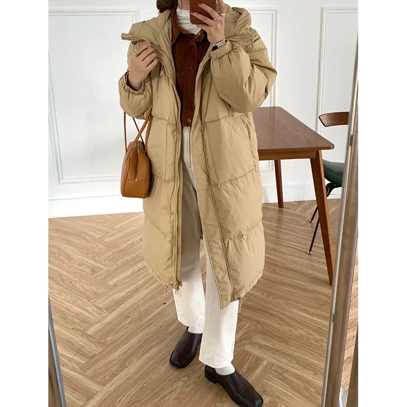 Down Jacket Womens Medium and Long Winter Hooded Loose Warm and Windproof Down Thick Coat for Women