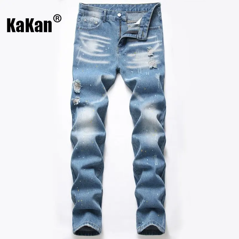 Kakan - Nostalgic Personality Broken Hole Splashed Jeans, European and American New Light Blue Fashion Jeans K02-915
