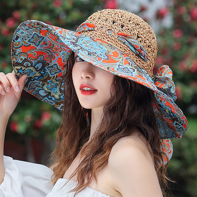 

Fashion Wide Brim Flower Big Beach Hat Foldable Brimmed Sun Hat Summer Hats For Women UV Protection Fisherman Cap Hot