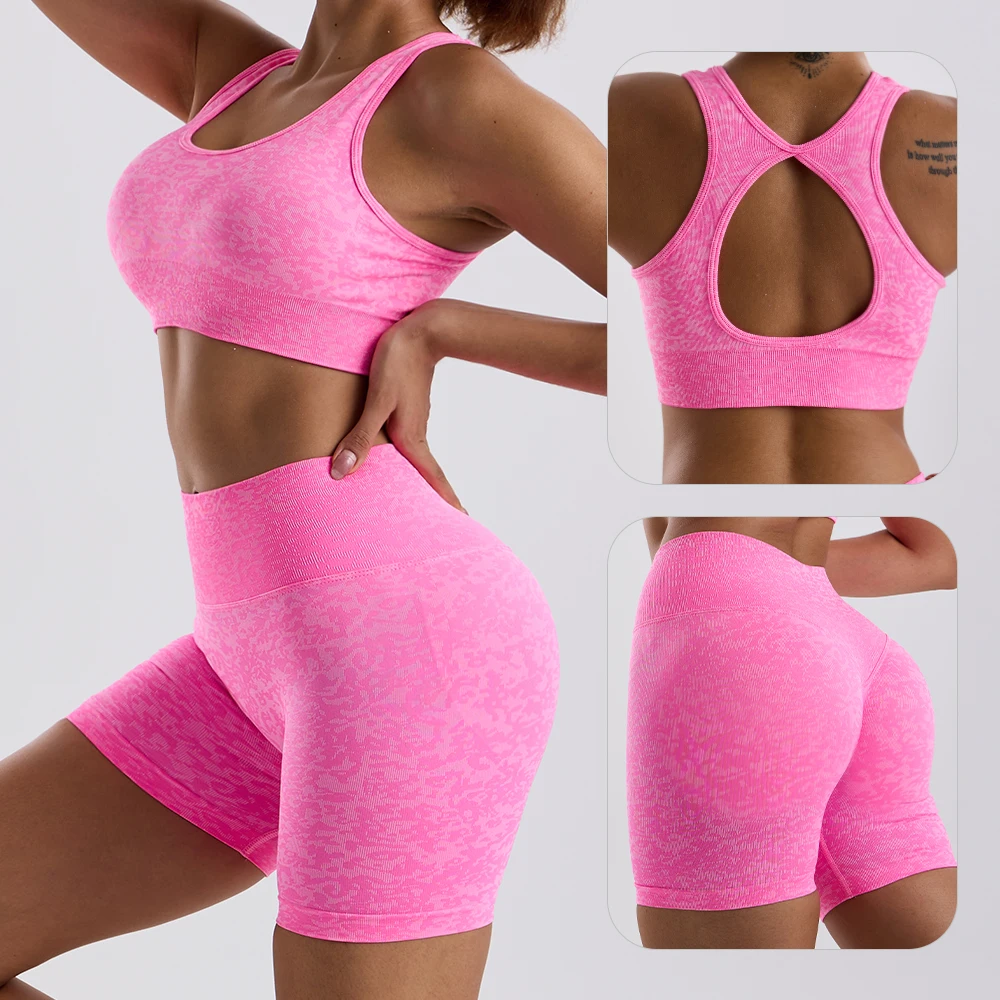 Женский бесшовный спортивный комплект для фитнеса и йоги сжатые леггинсы