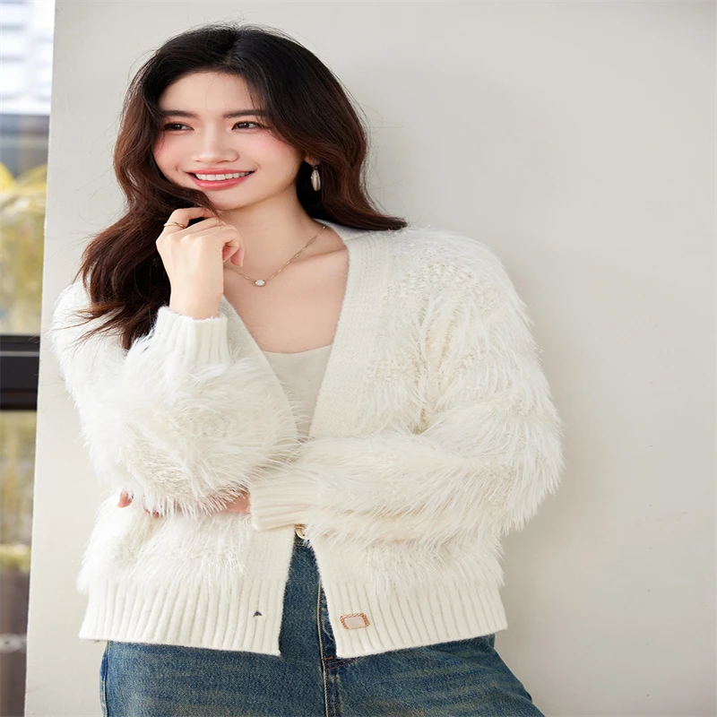 Осенне-зимний модный вязаный кардиган с v-образным вырезом женский ленивый стиль