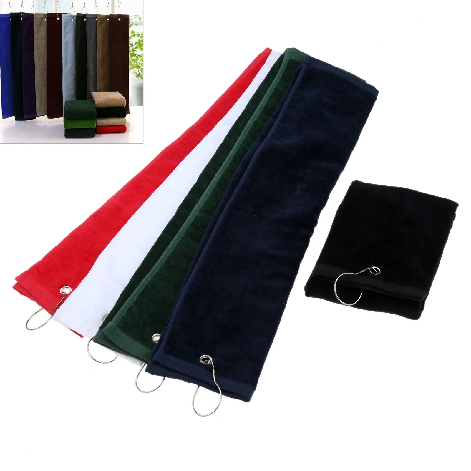 

40cmx60cm Tri-Fold Golf Sport Hiking Cotton Towel With Hanging Carabiner Ring Fit Clipped Golf Bag Golf Training Cleaning Tools