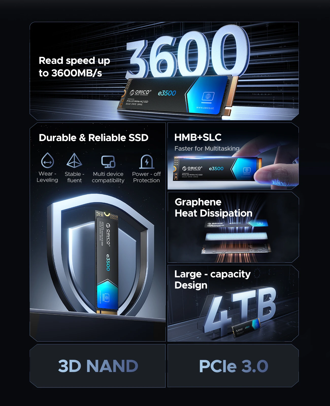ORICO M.2 NVMe SSD 1 ТБ PCIe3.0 3500 МБ/с 2280 PCIe Gen3x4 Внутренний твердотельный накопитель для