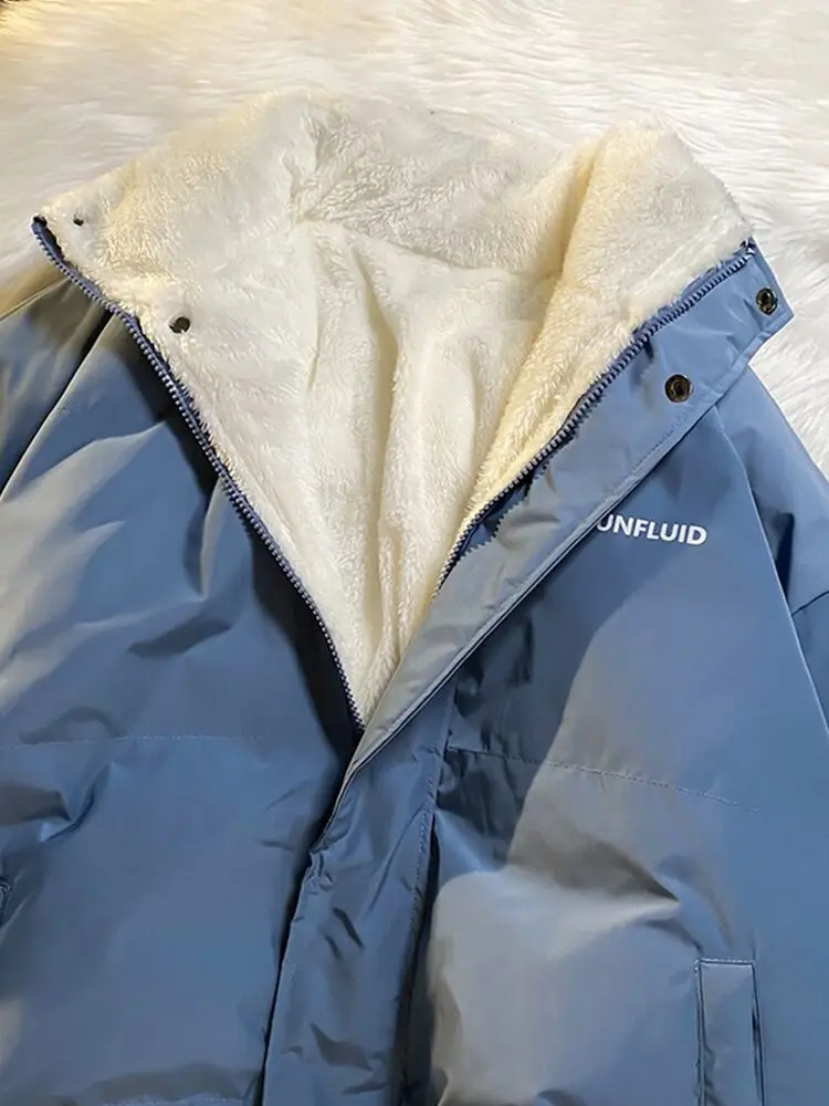 Winter Thick Fleece Filled Loose Parka Jacket Women Stand Neck Zipper Fashion Casual Warm Coat White Black Blue