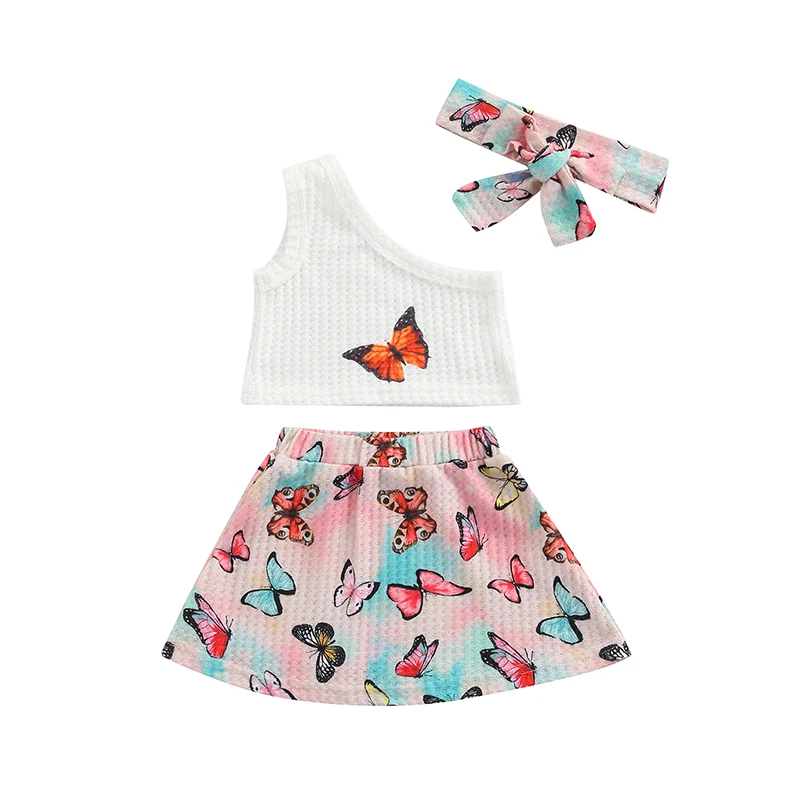 

Baby Girl Summer Clothes One-shoulder Tops with Butterfly Print Skirt and Bow Headband Set