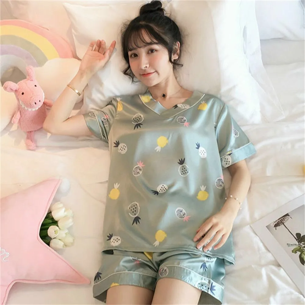 Ice Silk Pajamas Women's Summer Short-sleeve Shirts Thin Sweet  Popular Silk Home Clothes Two-piece Suit