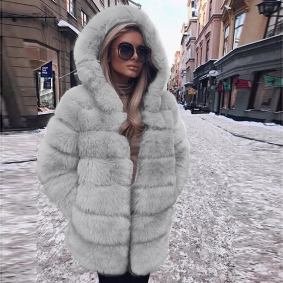 

Women Loose Long High Qulilty Luxury Fake Fur Coat Fox Fur Jacket with Big Fur Hood Full Sleeve Winter Fashion Warm Thick Fur