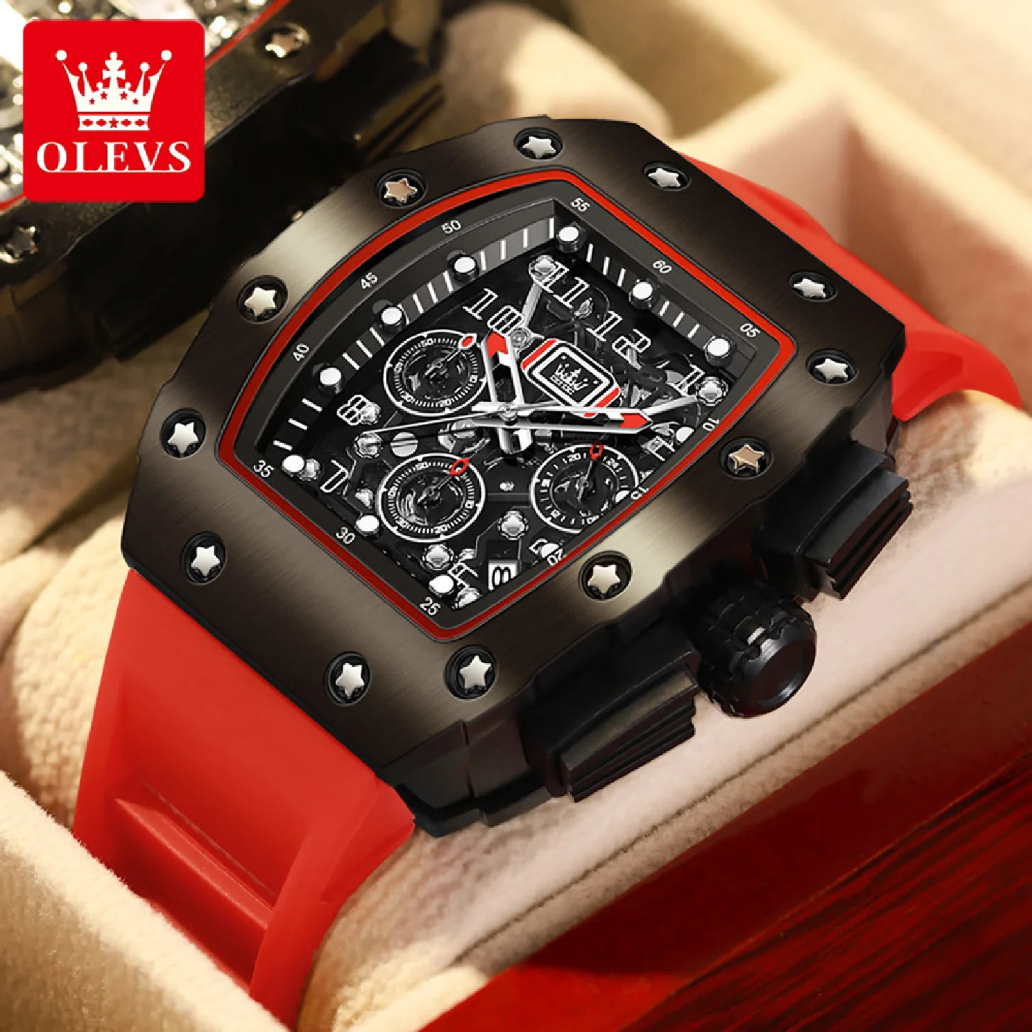 

OLEVS Men's Watch Tonneau Wristwatch Quartz Hollow Out Watches Waterproof Stylish Design with Silicone Strap