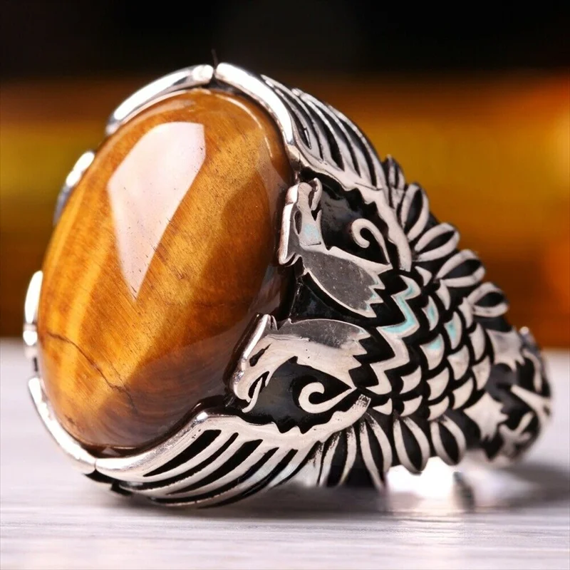 

2022 New Stone Men's Rings High-end Fashion Yellow Tiger Stone Striped Rings Trendy Men's Business Attending Party Retro Rings