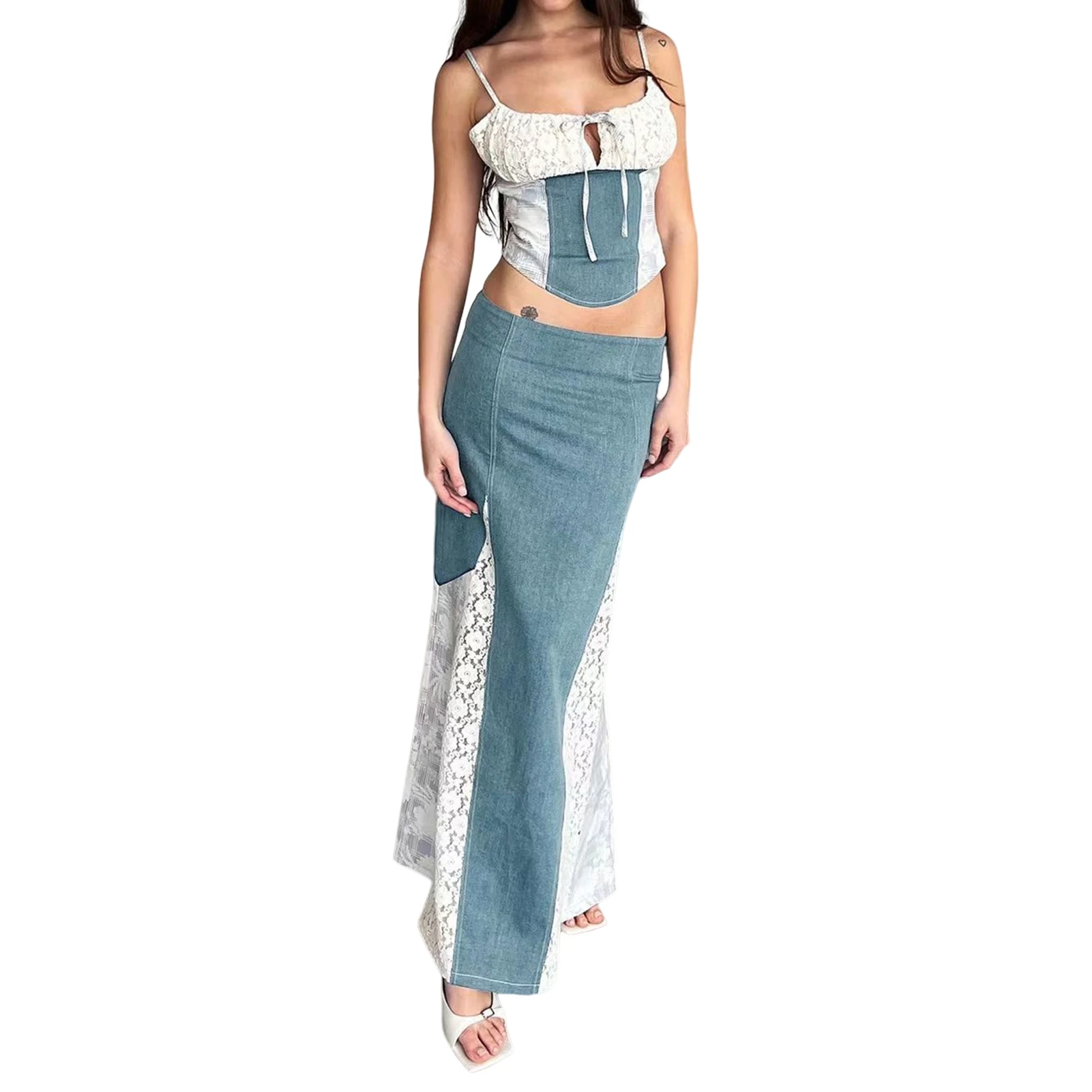 

Women Thank Top+Long Skirts Lace Denim Stitching Y2K Sling Vest+Long Skirt 2pcs Sleeveless Backless Slim Fit Fashion Outfits