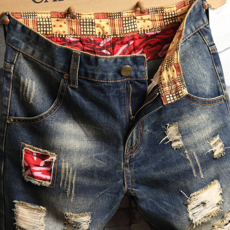 Hole Vintage Men Jeans Shorts Denim Distressed Knee Length Pockets Spliced Cuffs Skinny Washed Punk Style Ripped Mid Waist 2025