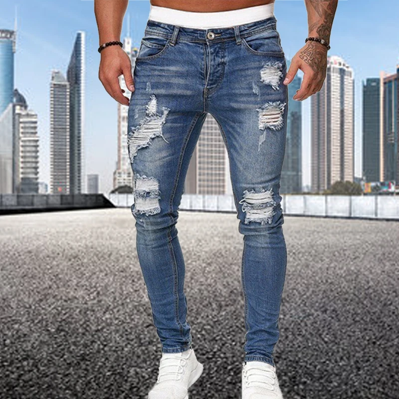 Fashion Ripped Jeans Men Solid Color Stretch Slim Fit Skinny Jean Homme Casual Denim Trousers Streetwear Blue Black S-3XL
