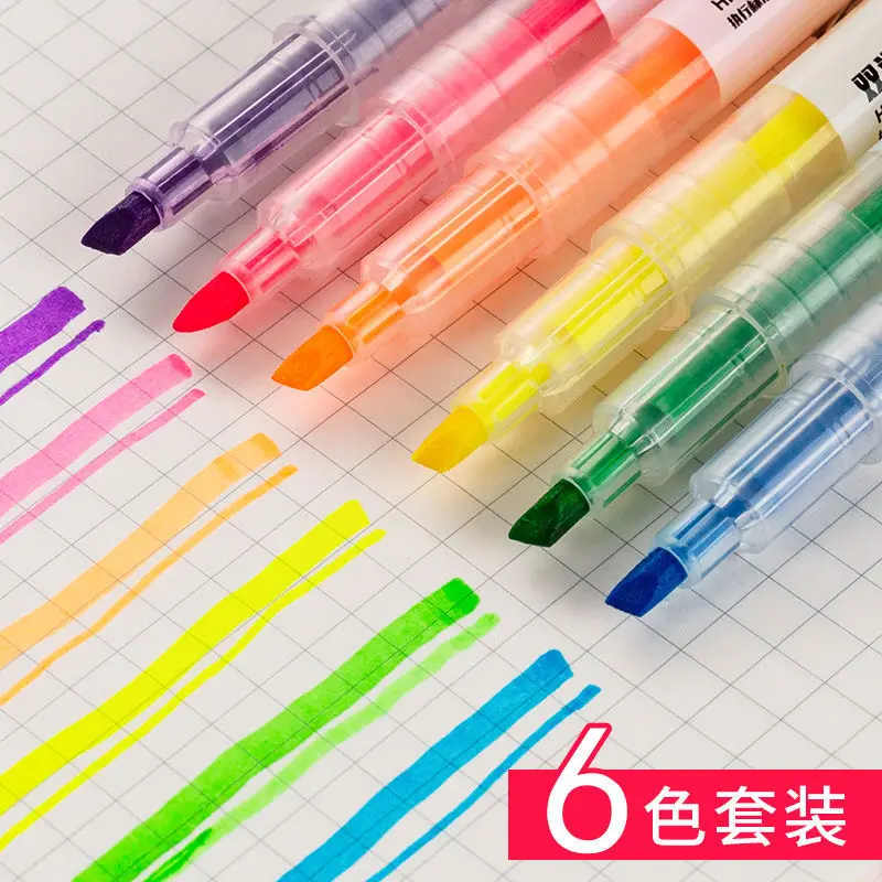 

Двухсторонняя флуоресцентная ручка для учеников начальной школы, набор из 6 цветов, милая цветная полупрозрачная ручка для маркировки ключевых точек, M