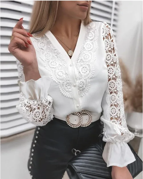 2022 Summer Lace Womens Shirt V-neck 