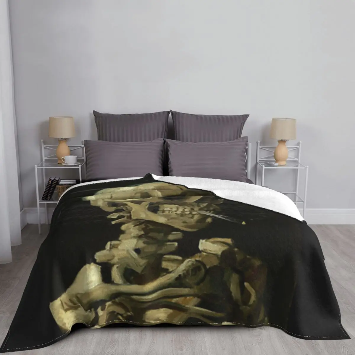 Череп скелета с горящей сигаретой — ультрамягкое одеяло из микрофлиса Ван Гога