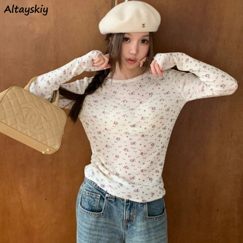 Футболка женская с длинным рукавом винтажный удобный Приталенный топ цветочным
