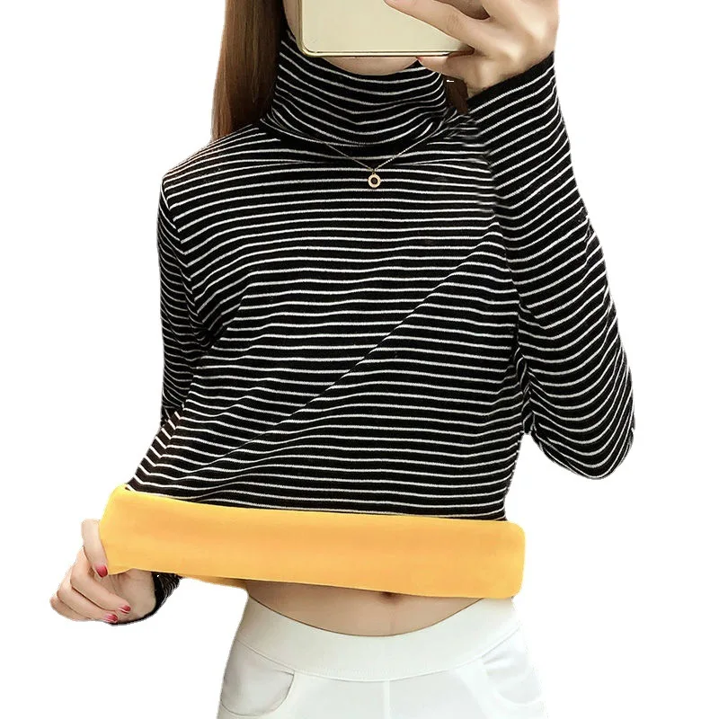 

High Neck Undercaot Plush Thickened Undercoat Base Coat Top Stripe Women Warm T-shirt Autumn Winter Pullover