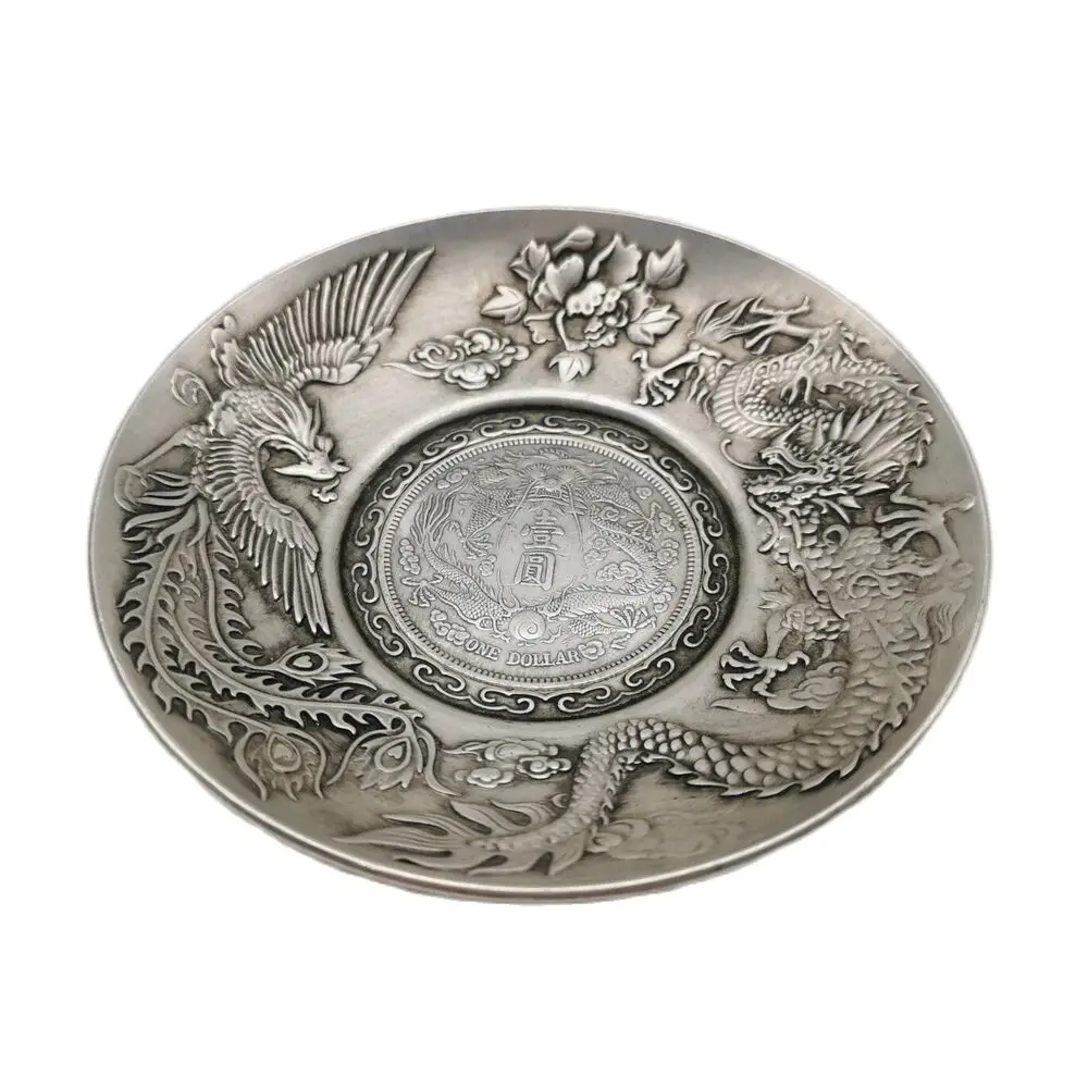 9.8Cm Collect Chinese Paktong Animal Dragon Phoenix Auspicious Lucky Plate 253G