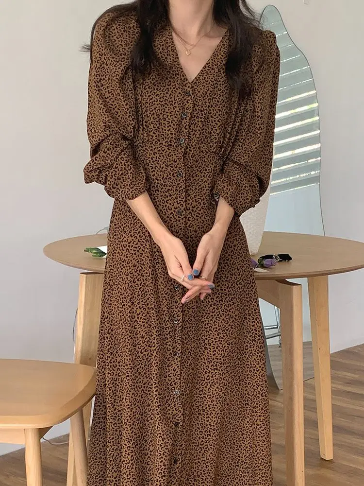 

HziriP Elegant Leopard V-Neck Women Long Dress 2022 Puff Sleeves Spring Slim Casual Animal Printed Fashion Streetwear Vintage OL