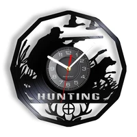 hunting with dogs deer vinyl record wall clock man cave home decor hunter rifle aiming shooter carved album music record clock