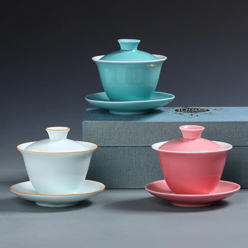 

Chinese Teaset Elegant Pink Gaiwan Tea Cups Tureen Lid Bowl Saucer Tea Brew Ceramic Kung Fu Tea Bowl 170ml Travel Teaware Gift
