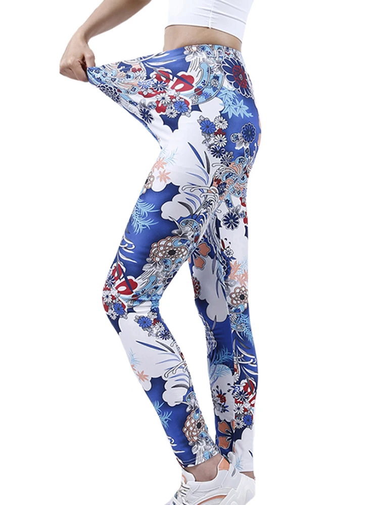

CUHAKCI Outdoor Activities High Waist Women Printed Leggings Blue White Flowers Strethcy Leggins Fitness Pants Sport Trousers