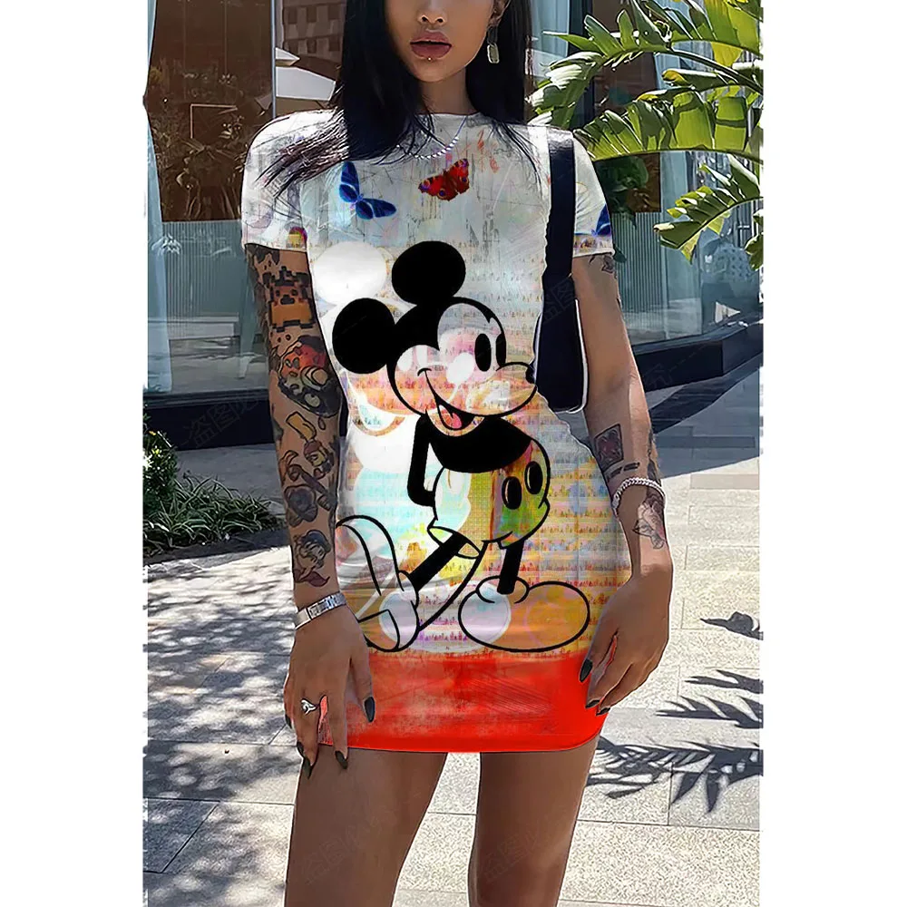 

Novedad De Verano De Disney, Falda De Manga Corta Para Mujer, Vestido Sexy Ajustado Sin Mangas Con Estampado De Minnie Y Mickey