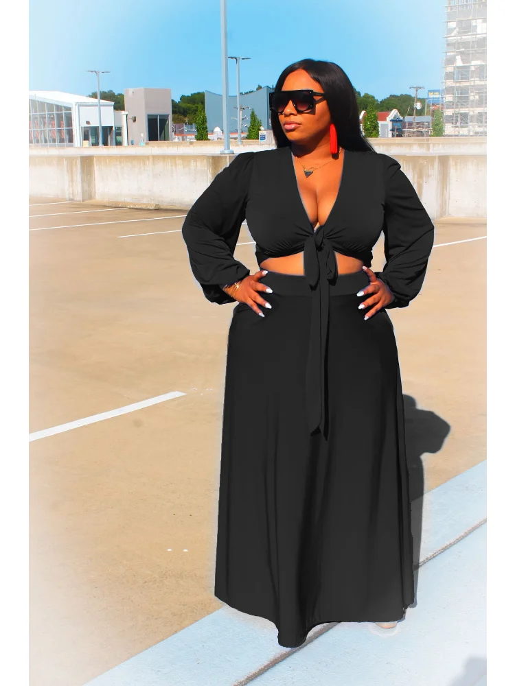 Plus Size Sets Solid Long Sleeve Set of Women's Clothing 2 Pieces Lace Up V-Neck  Short Length Top Casual Elastic Waist Loose