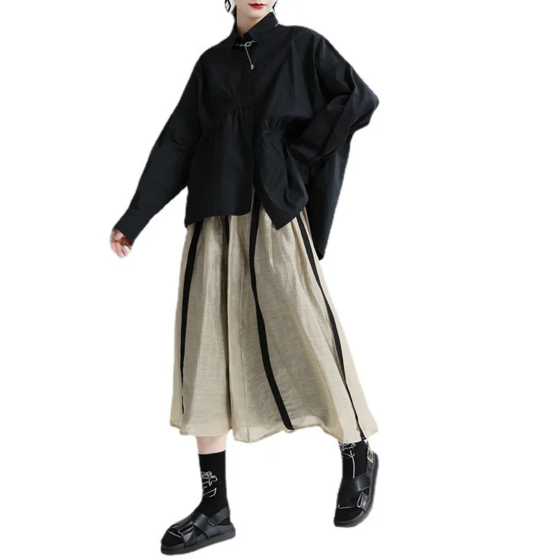 

Skirts 2022 Retro Vertical Stripe Webbing Tencel Hemp Side Zipper High Waist Umbrella Skirt Design Feeling Loose And Big Swing