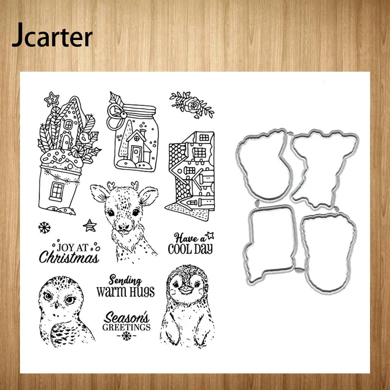 

Merry Christmas Animals Letter Metal Cutting Dies and Clear Stamp Craft Stencil for Scrapbooking Album Paper Make Template Decor
