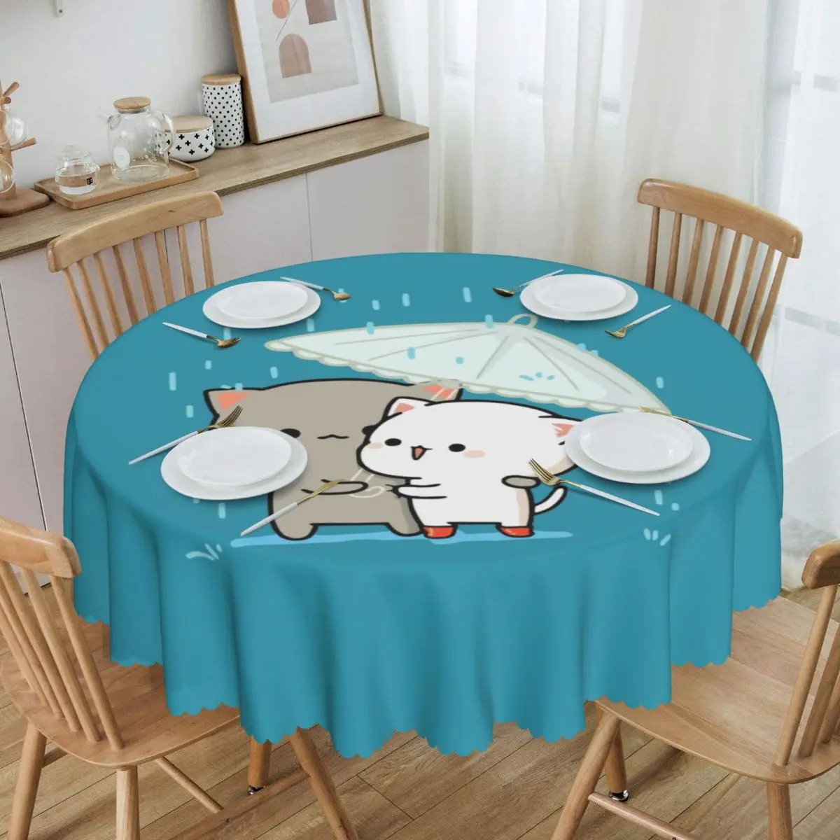 

Mochi Cat Peach And Goma Tablecloth Round Waterproof Table Cover Cloth for Party 60 inches