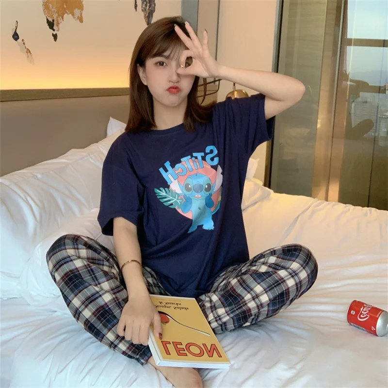 Disney Cartoon Stitch Cute Kawaii Pajama Sets for Women Summer Matching Short Sleeve Top and Plaid Pants Ladies Home Suit Casual