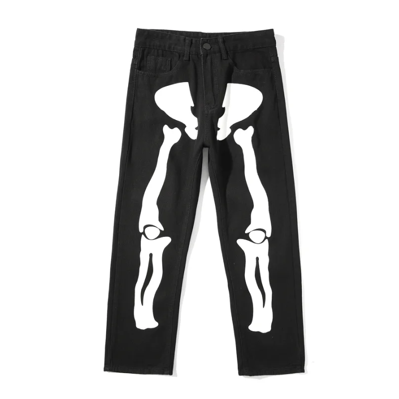 HOUZHOU Skeleton Jeans Pants Men Punk Halloween Print Straight Denim Trousers Male Loose Casual American Streetwear Hip Hop