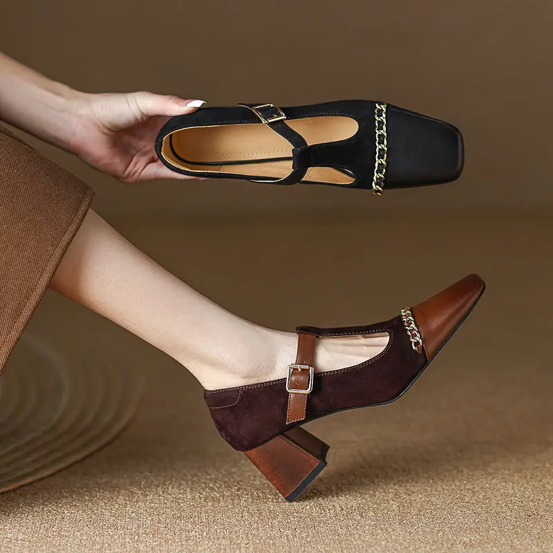 

FHANCHU 2023 новый дизайн цепи Высокий каблук, модные весенние/осенние туфли, женские туфли, квадратный носок, ремешок на щиколотке с пряжкой, черный, коричневый, Прямая поставка