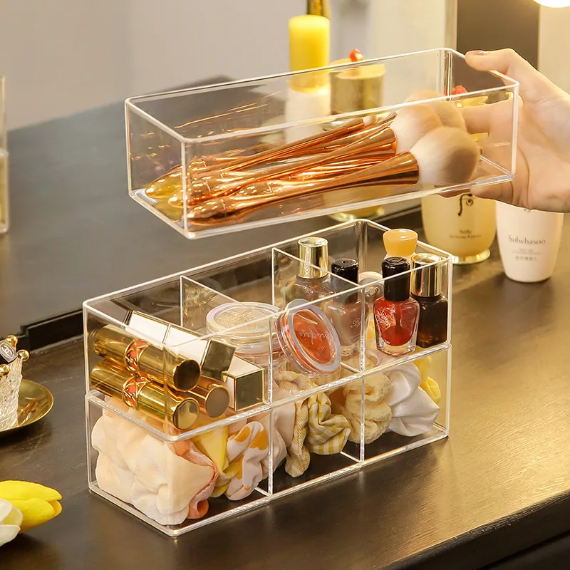 

Clear Acrylic Makeup Layered Storage Box Dressing Table Cosmetic Lipstick Finishing Grid Box Desktop Drawer Storage Compartment
