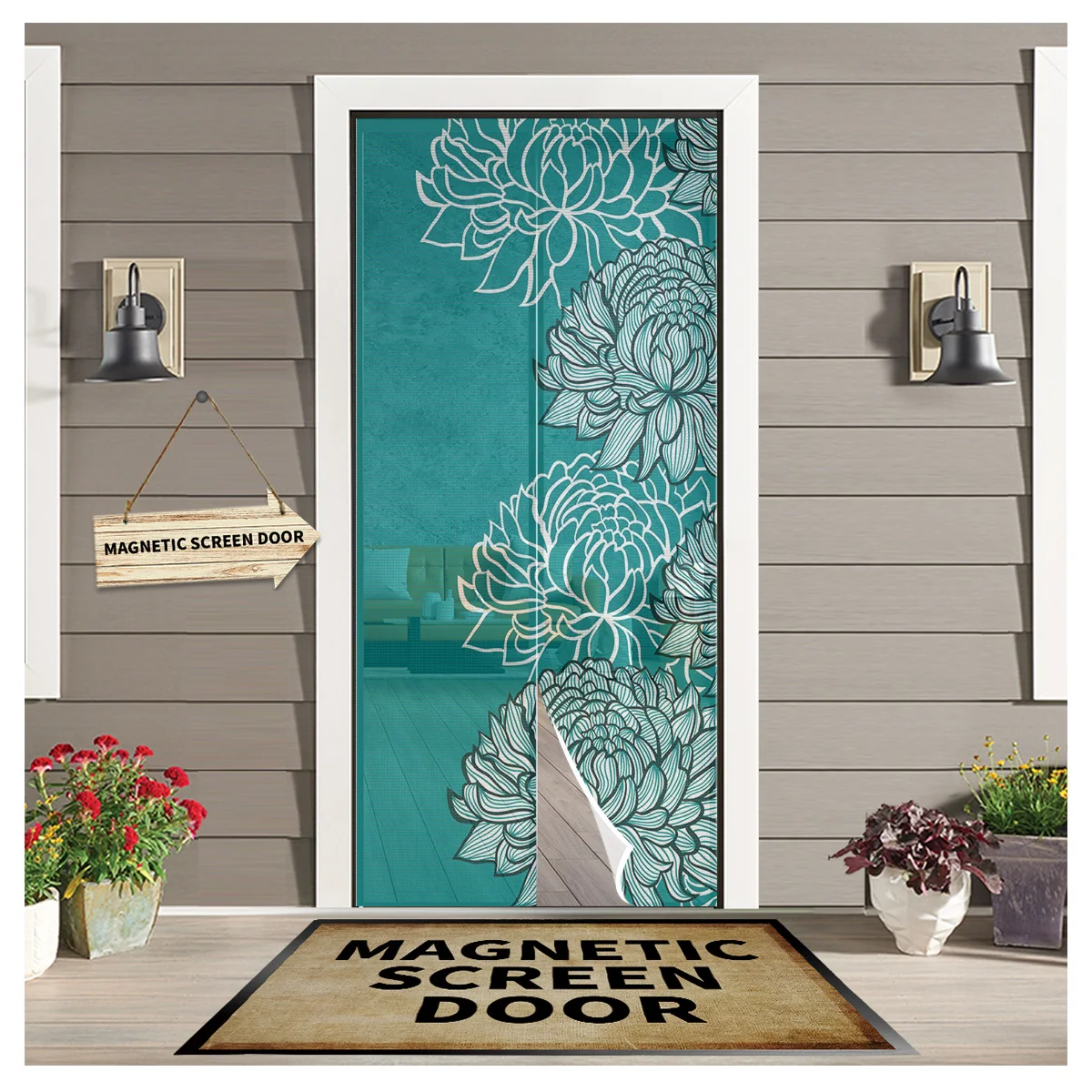 

Магнитная занавеска на дверь, текстура бирюзового хризантемы, для гостиной, спальни, кухни, защита от комаров