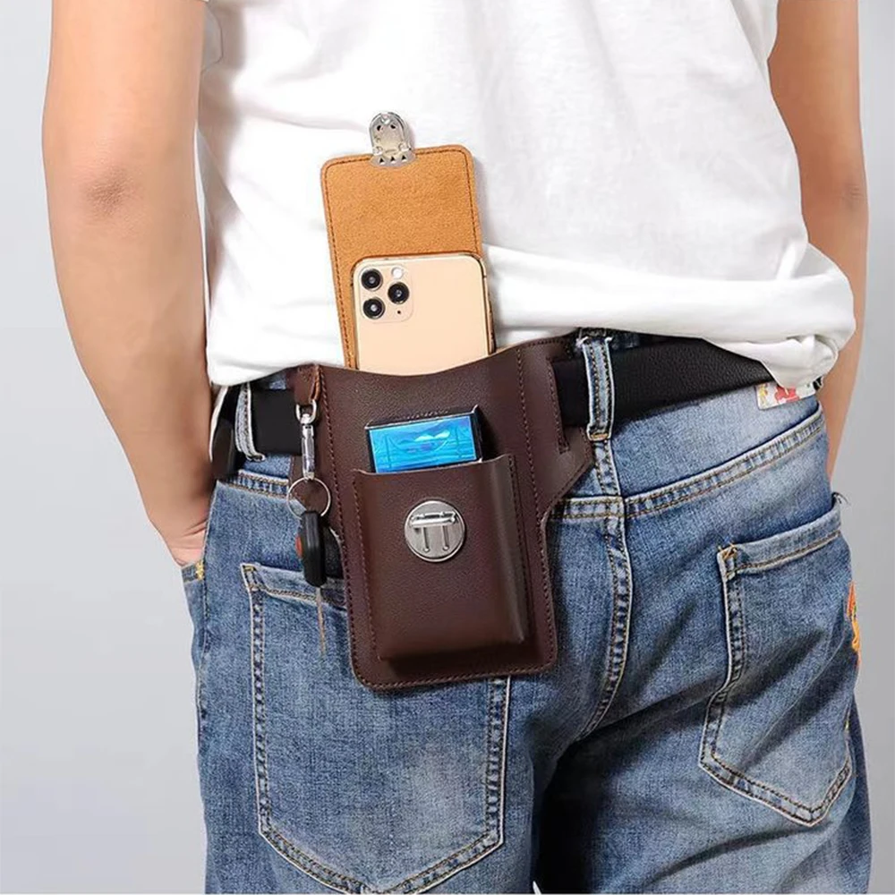 2023 Men's Waist Bag PU Leather Male Fanny Pack Mobile Phone Bag Construction Site Work Convenient Lightweight Hanging Waist Bel
