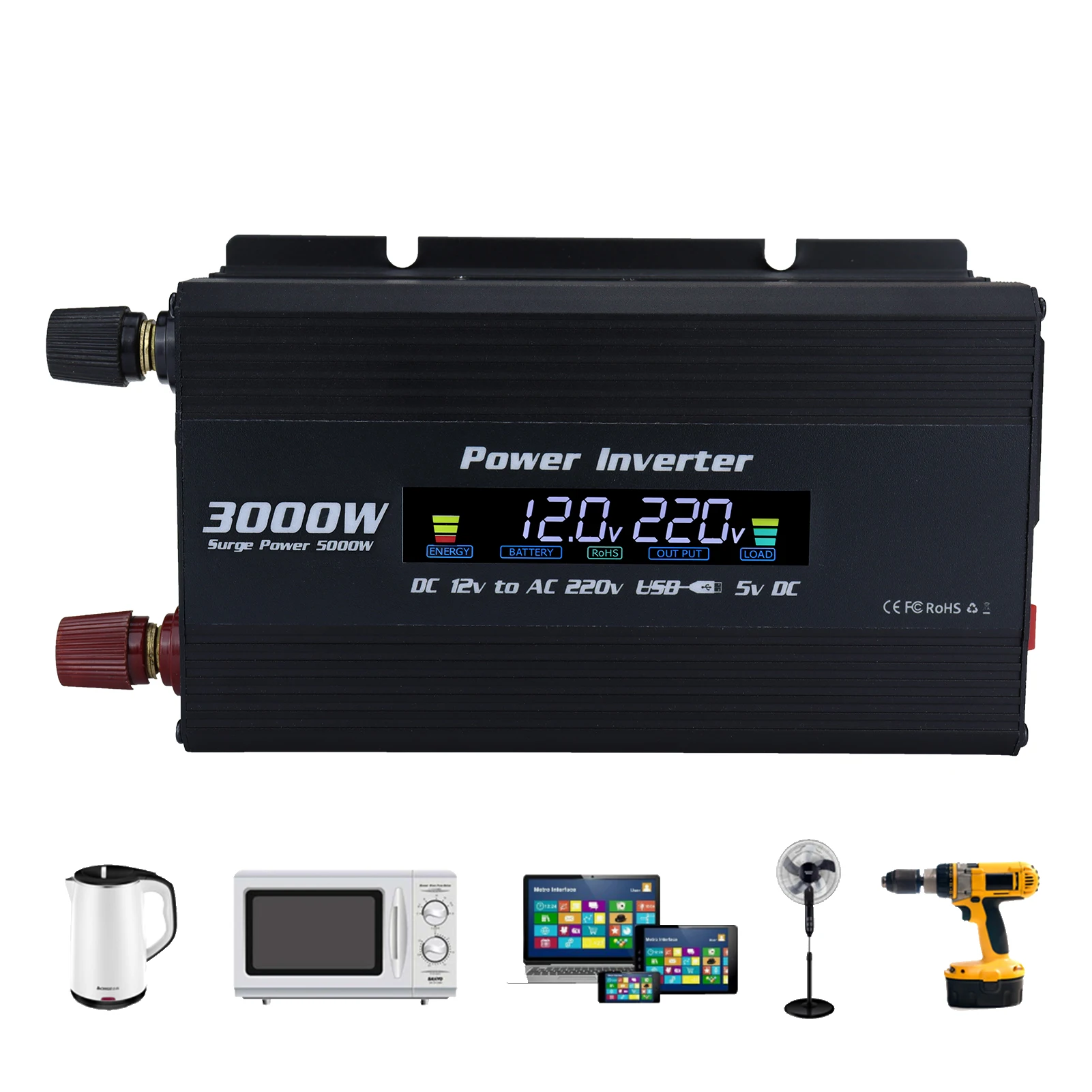 

5000W Power Inverter Car Adapter DC 12V To AC 110V 5000W Converter With Compact Design And LED Display USB Car Cigarettes