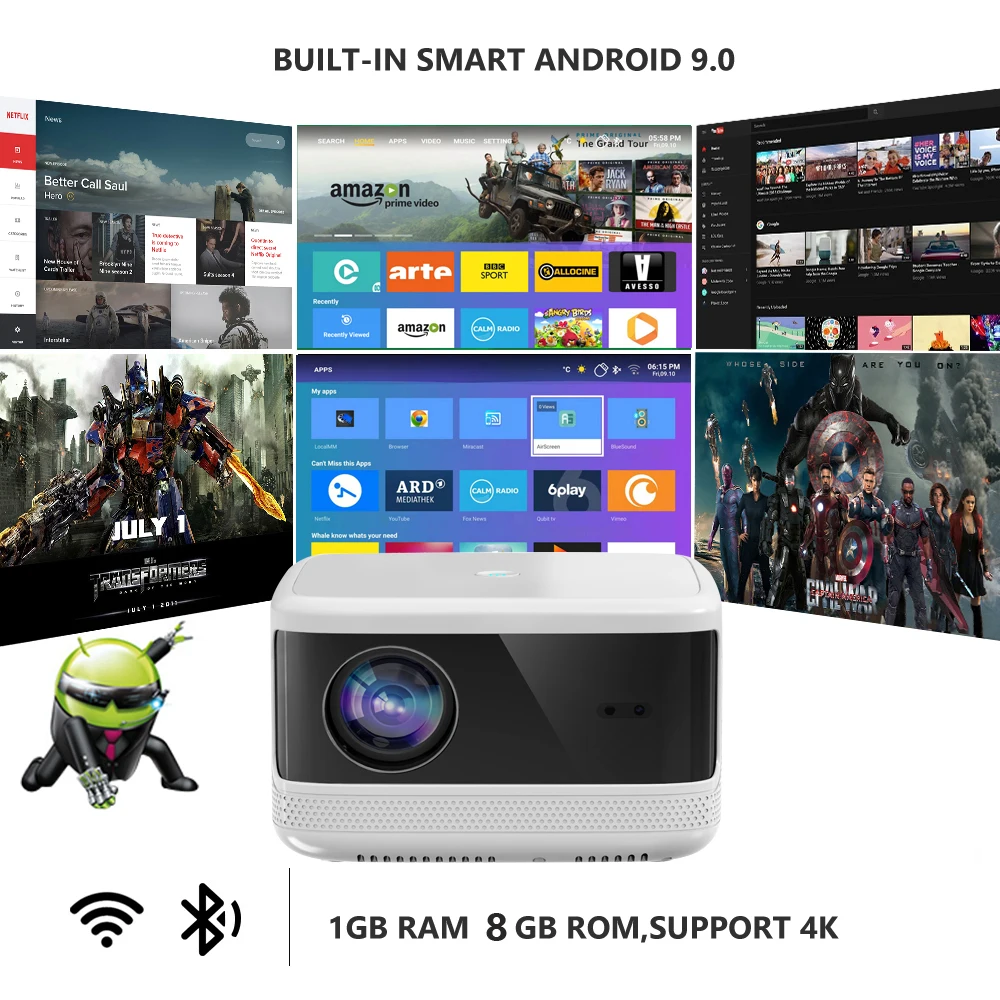 Вивисайн К6 Андроид 9.0 Портативный проектор Full HD 1080P с цифровой фокусировкой, LED-подсветкой, Wi-Fi, домашний кинотеатр и видеопроектор