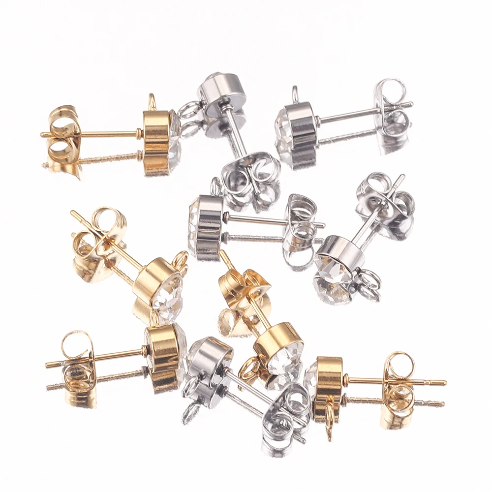 

20pcs 3/4/5mm Gold Rhinestone Round Stainless Steel Ball Earring Post Studs with Loop for Connectors DIY Earrings Jewelry Making