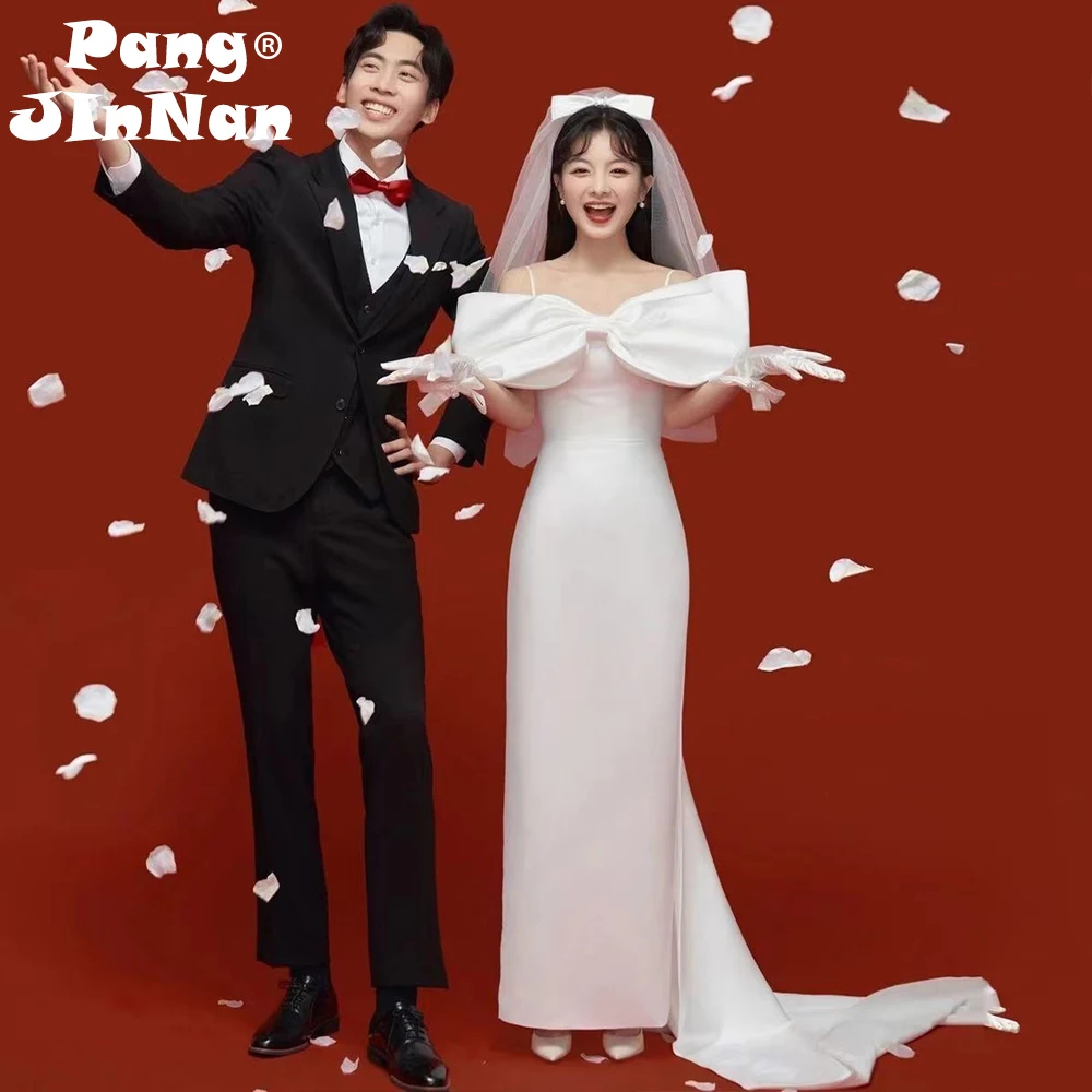 PJN 2025 простое белое атласное свадебное платье с большим бантом платья для невесты