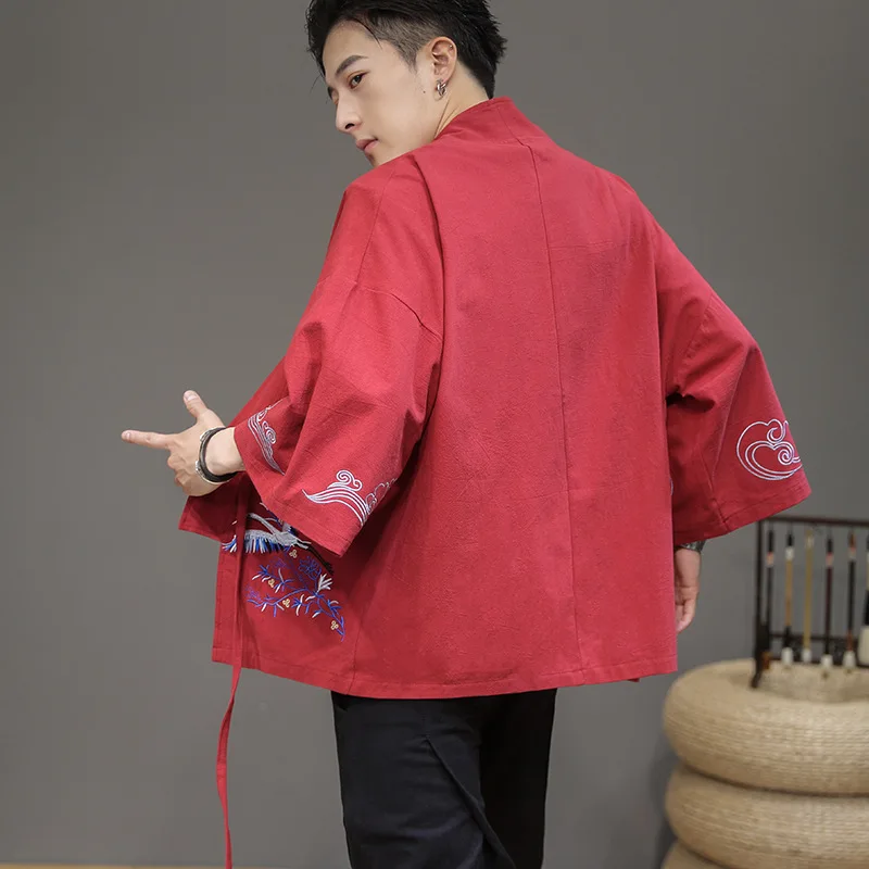 Chinese Men Cardigan Kimono Robe Spring Summer New Cotton Tao Robe Casual Hanfu Large Size 3XL-5XL Print Crane Coat