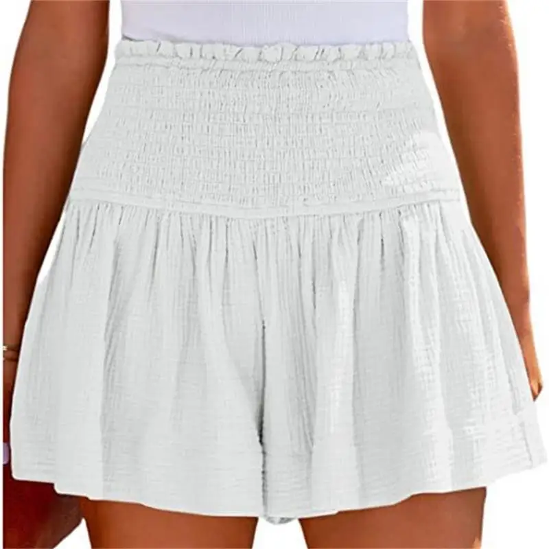 New Casual Comfortable Pleated Shorts Women's Ruffle Pure Color Beachwear Loose High Elastic Waist Wide Leg A-Line Shorts Skirts