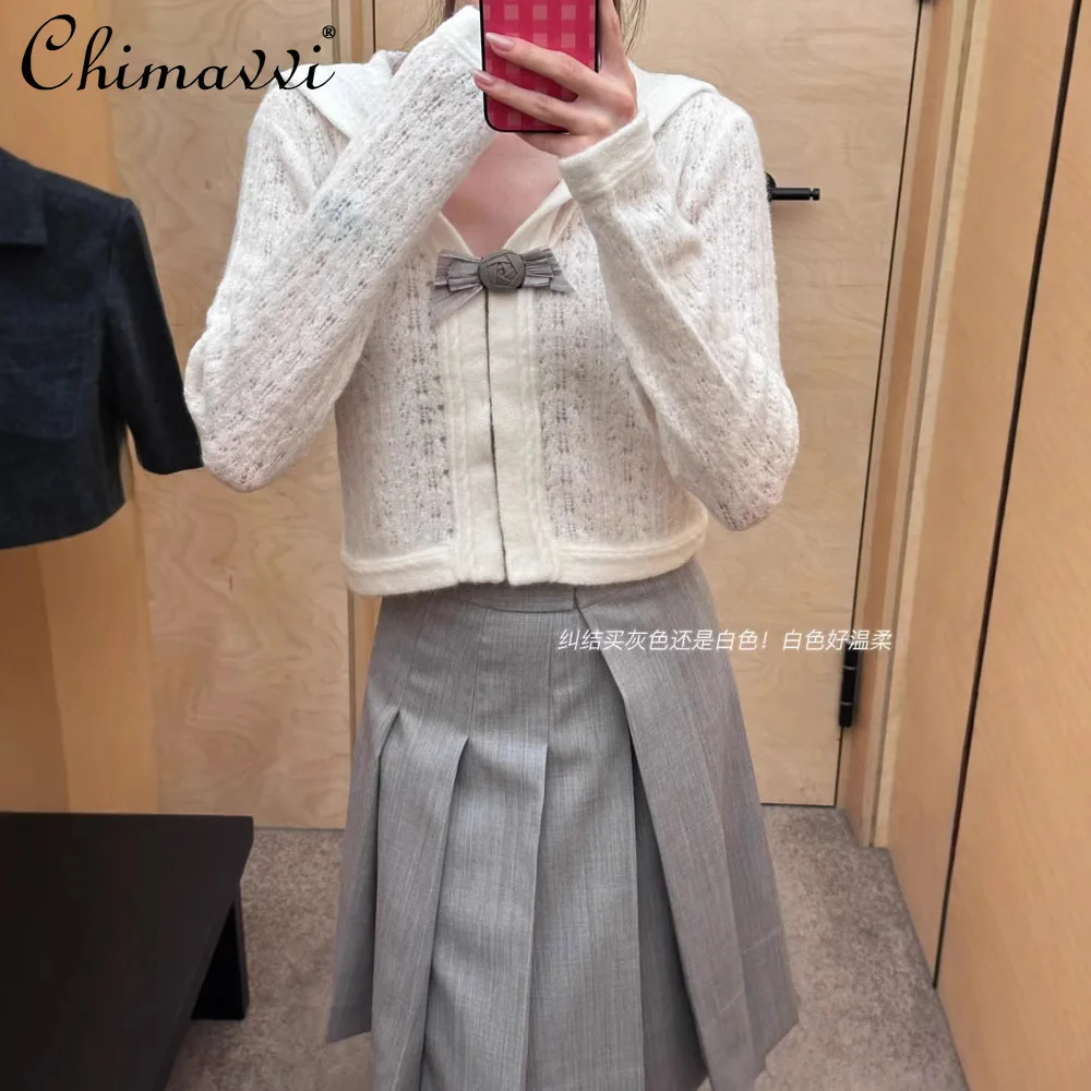 Модный темно-синий вязаный кардиган куртка на осень и зиму новая милая брошь с